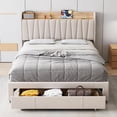 thumbnail image 3 of ChaoLink Queen Bed Frame Upholstered Bed Frame with Storage Headboard, Drawer, Charging Station, Linen Platform, No Box Spring Needed, Beige, 3 of 8