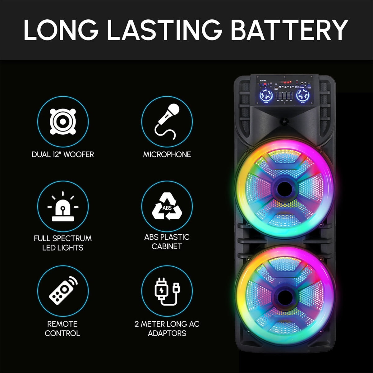 Lohoms Dual 12-in Woofer Bluetooth Speaker With Mic Portable Party PA Sound System RGB