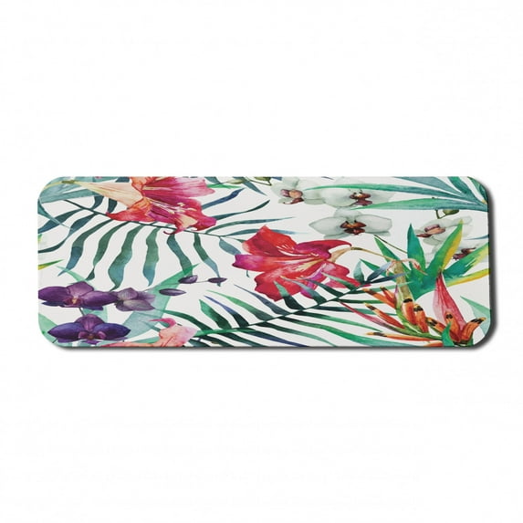 Watercolor Flower Computer Mouse Pad, Tropical Wild Orchid Flowers with Palm Leaves Print Exotic Style Nature, Rectangle Non-Slip Rubber Mousepad Large, 31" x 12", Multicolor, by Ambesonne