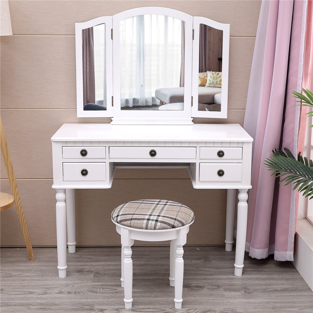 Makeup Dressing Table Vanity Set Oval Mirror W/ 7 Drawers & Removable Organizer 