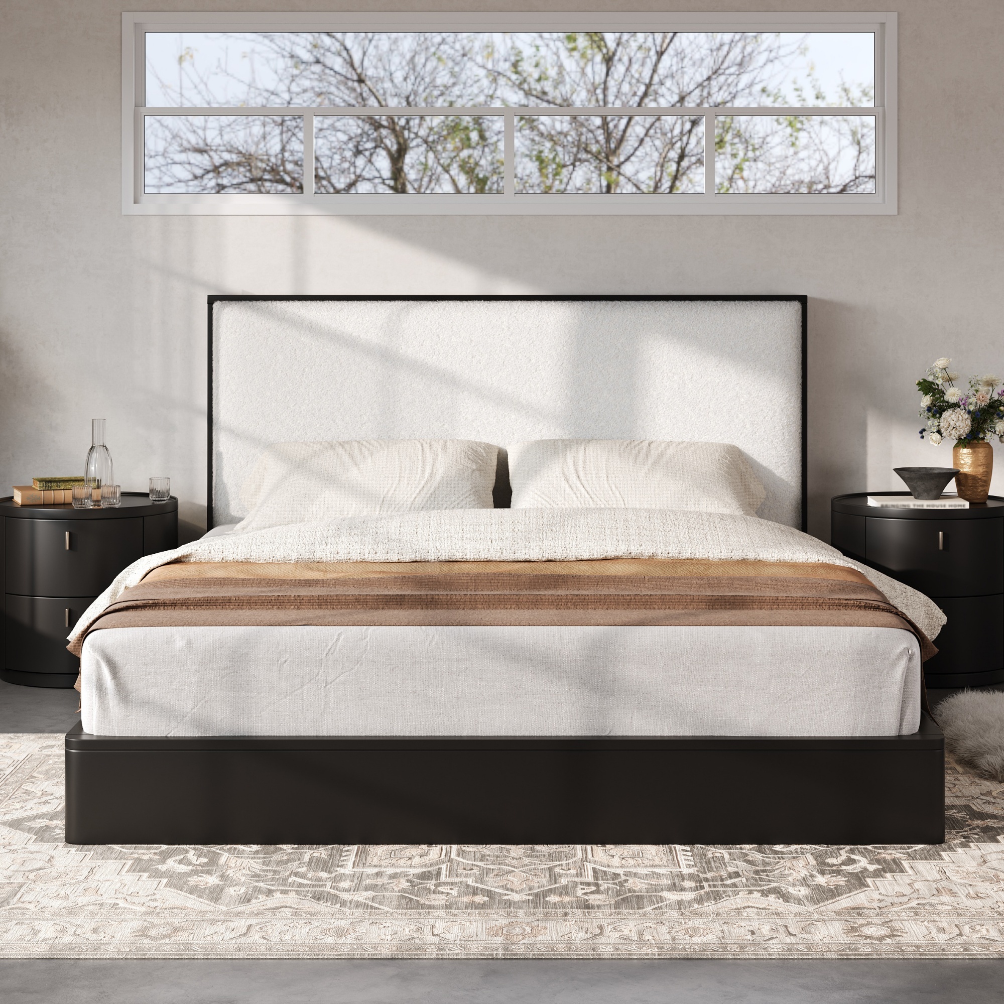 Euroco Wood Queen Size Platform Bed with Bouclé Upholstered Headboard, No Box Spring Needed, Black