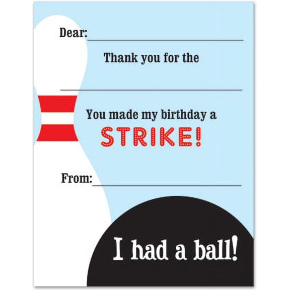 Bowling Fill-In Birthday Thank You Cards and Envelopes - 20 count