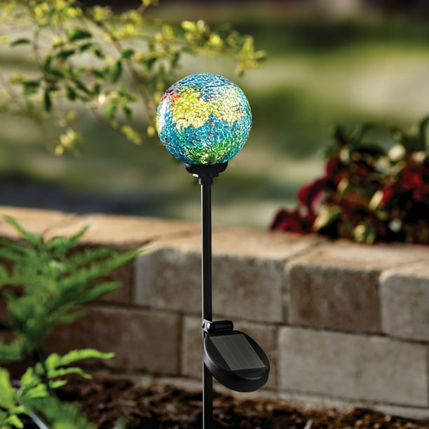 Better Homes Gardens Solar Green Crackle Mosaic Glass Gazing Ball Stake Walmart Com Walmart Com