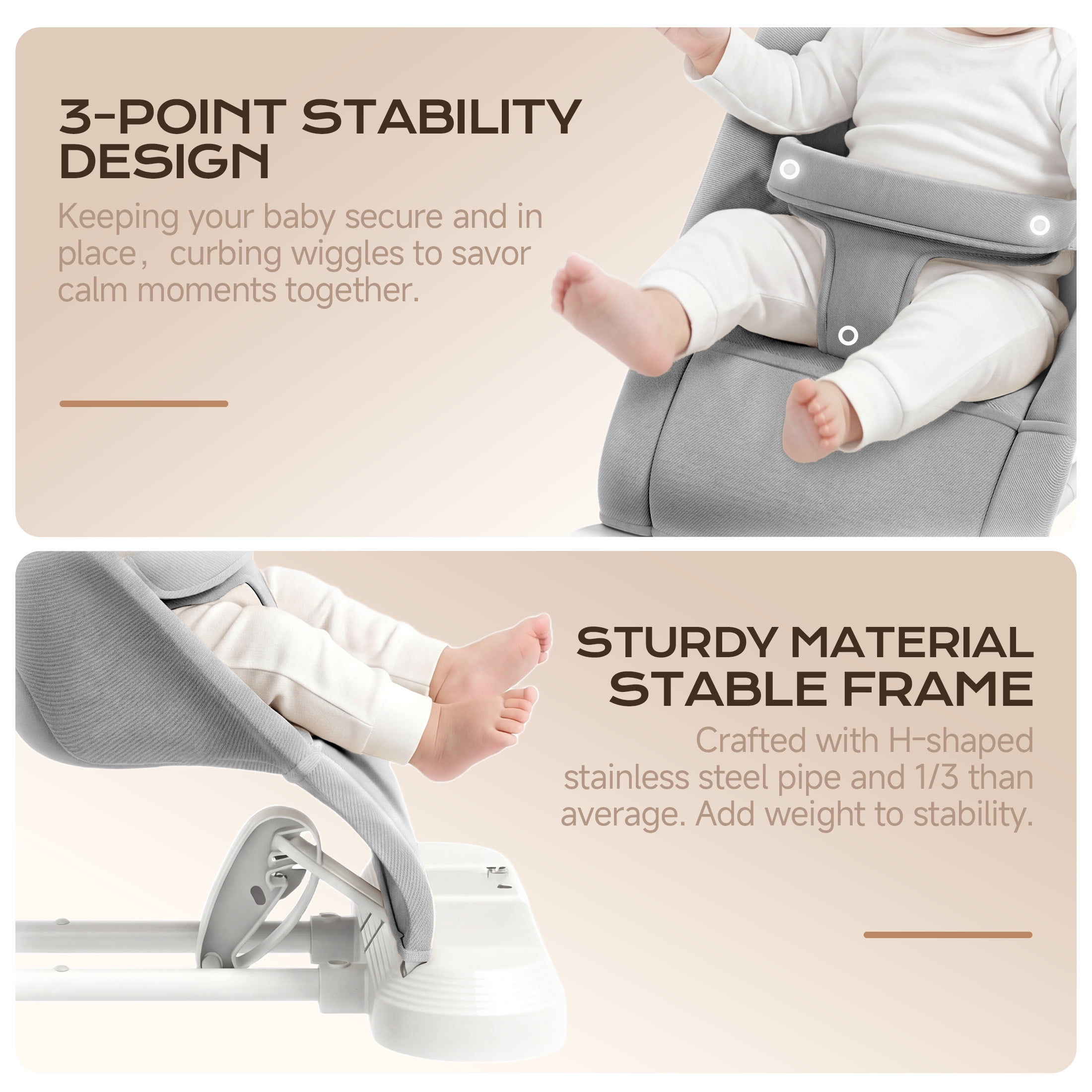 Babyomi 4-1 Baby Bouncer , 3-Level Recline Foldable Rocker for Infant to Toddler 0-6 with Detachable Pianos, Feeding Tray and Play Bar 12-24 Months, Girls and Boys Gift, Gray
