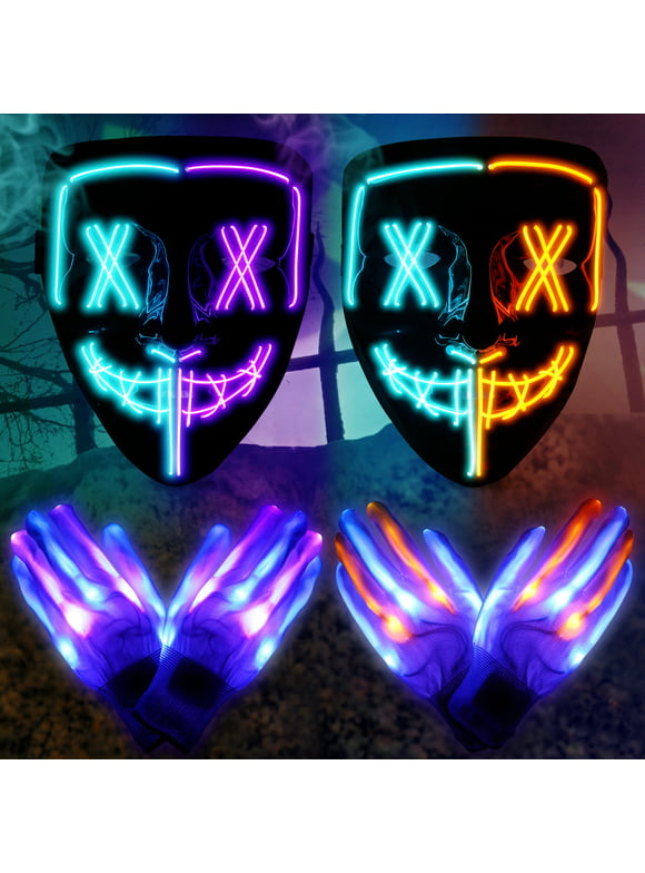 2 Pack Halloween LED Mask & Gloves Set, Scary Purge Mask with Glow-in-the-Dark Skeleton Gloves - Perfect for Halloween Costumes & Parties