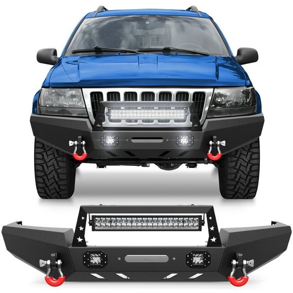 POFENZE for Grand Cherokee WJ Front Bumper Compatible with 1999 2000 2001 2002 2003 2004 Jeep Grand Cherokee WJ with Winch Plate and Lights