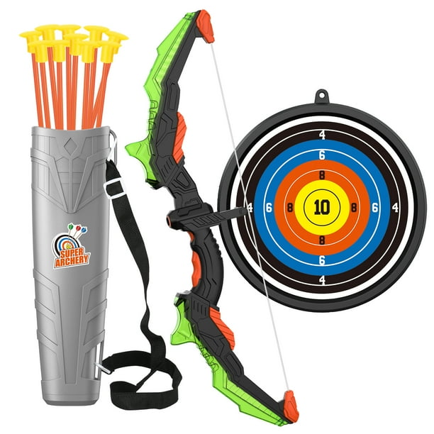 Juego de arco y flecha para niños, juego de juguete de tiro con arco con luz LED, 10 flechas con ventosa, objetivo y carcaj, juguetes para niños de interior y exterior para niños y niñas, regalos de