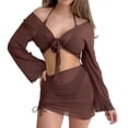 thumbnail image 2 of Womens 3 Piece Sheer Mesh Swimsuits Cover Up Long Sleeve Wrap Tie Crop Tops Mini Skirt Beach Set, 2 of 6