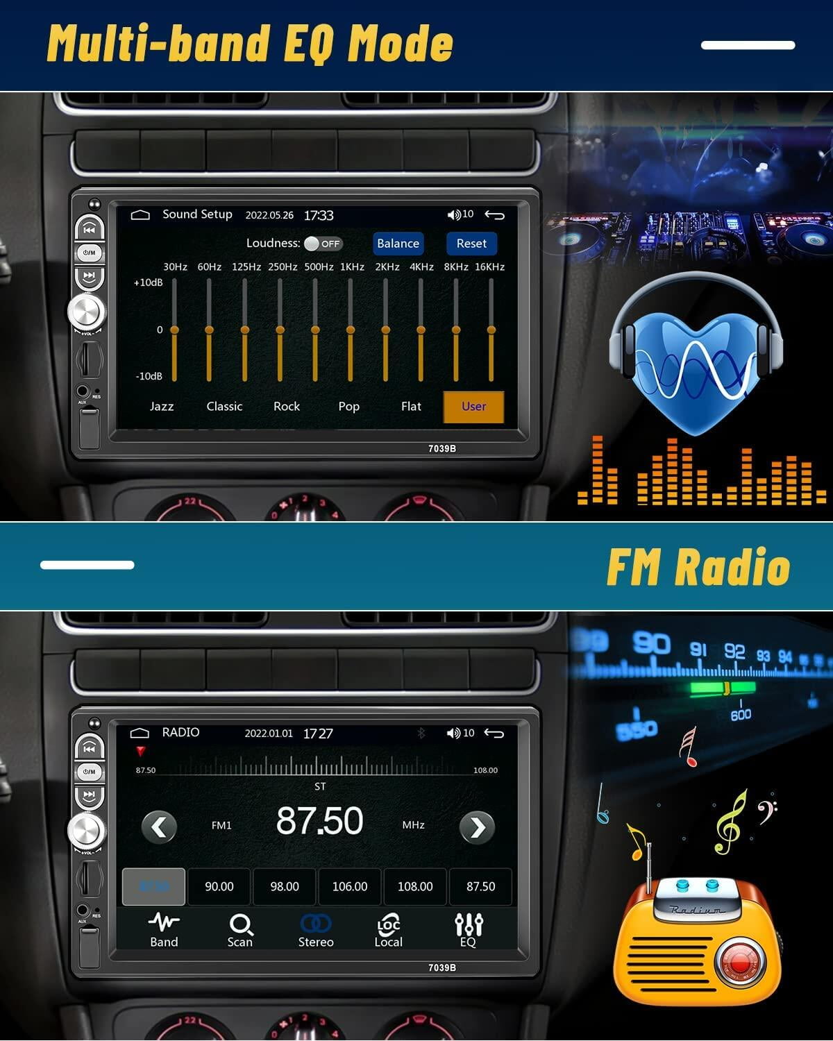 Podofo 1 Din 7" Car Stereo Radio Carplay Android Auto Mirror Link Car Player MP5