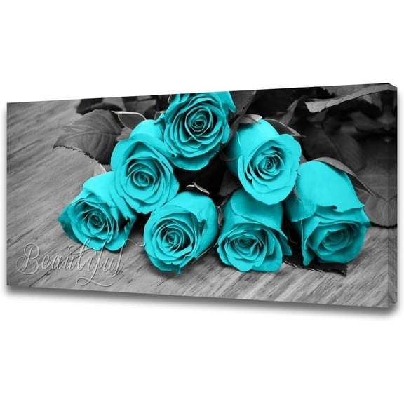 Aaheei Teal Rose Wall Art Turquoise Pictures Wall Decor 1 Piece Flower Canvas Prints for Bathroom Kitchen Black and White Living Room Home Decorations Painting Modern Artwork