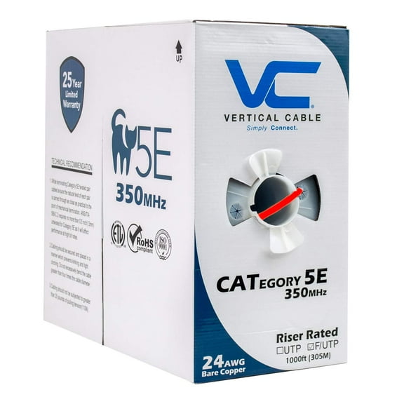 Vertical Cable 057-473/S/RD Cat5e, 350 MHz, Shielded, 24AWG, Solid Bare Copper, 1000ft, Bulk Ethernet Cable, Red