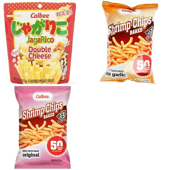 Calbee Shrimp Chip and Jagarico 3 Flavor Mix Bundle(Jagarico Double Cheese,Shrimp Hot Garlic,Shrimp Original) Plus NineChef Brand Spoon