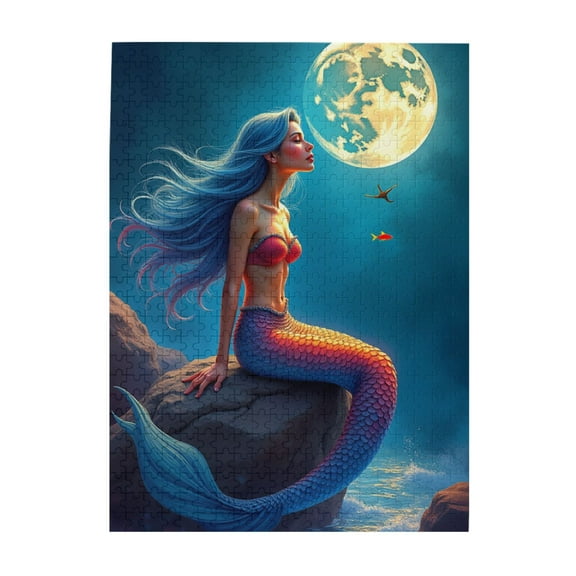 500 Piece Mermaid Under The Moon Jigsaw Puzzle For Adults Relaxing & Challenging Adult Puzzle Vibrant Artwork Quality Pieces Great Gift Idea