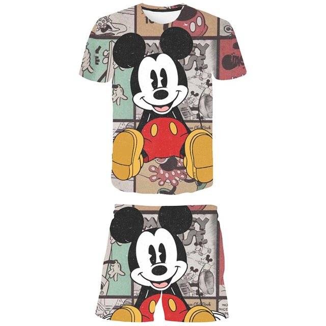 Conjuntos de Mickey Mouse para niños, ropa de primavera y otoño para niñas, camisetas de manga corta, pantalones cortos, traje de la serie Disney de 1 a 14 años, Old14T Gao Jinjia LED