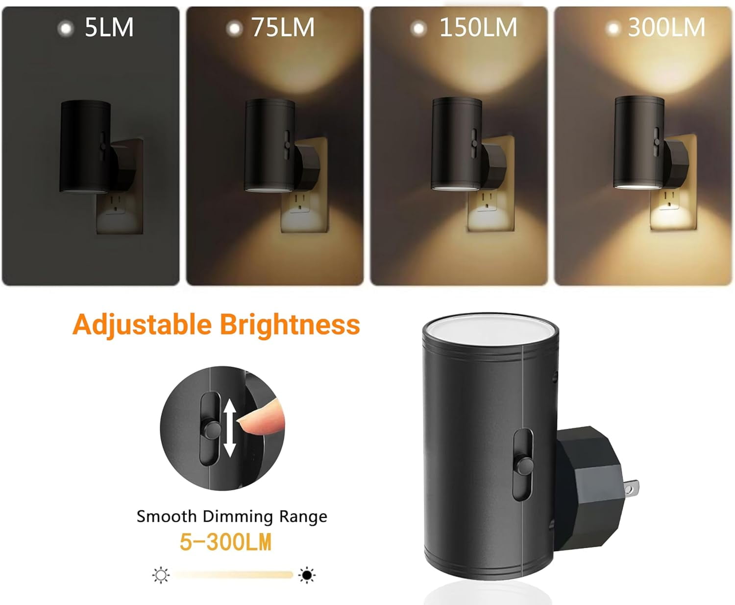 AllWays Plaza LED Night Light Plug in, Night Lights Plug into Wall Dusk to Dawn Sensor,5-300LM Adjustable Brightness, 2700K,Dimmable Night Lights for Kitchen,Hallway Bedroom,Stairway,2 Pack
