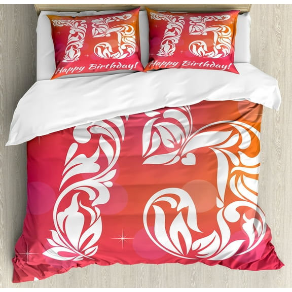 75th Birthday Duvet Cover Set, 75 Number with Floral Details and Swirls Little Stars, Decorative 3 Piece Bedding Set with 2 Pillow Shams, King Size, Pink Orange and White, by Ambesonne