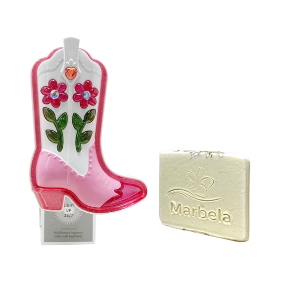 Bath and Body Works Wallflowers Plug Neon Boot Nightlight with a Marbela Natural Oats Mini Soap.