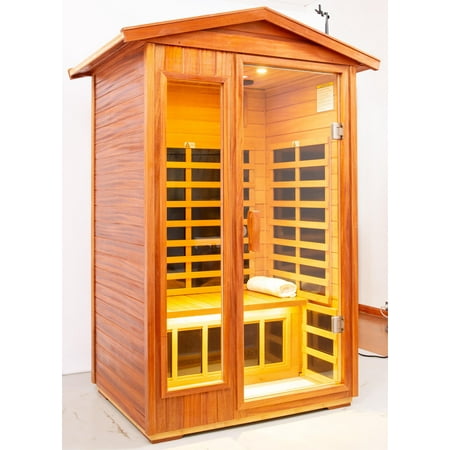 Two Person Far Infrared Khaya Wood Outdoor Sauna Room Natural Wood Wood Stainless Steel