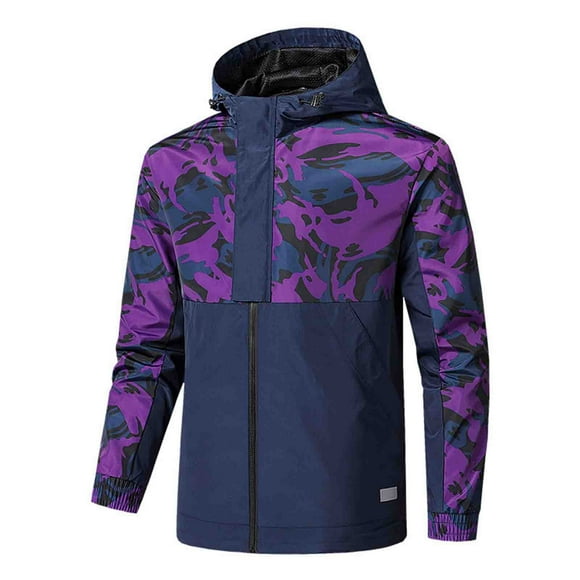 BADHUB Men's Trendy Print Rain Jacket Waterproof Hooded Windbreaker Lightweight Full-Zip Outdoor Rain Coat Mesh Lined Hiking Softshell Jacket Holiday Deals