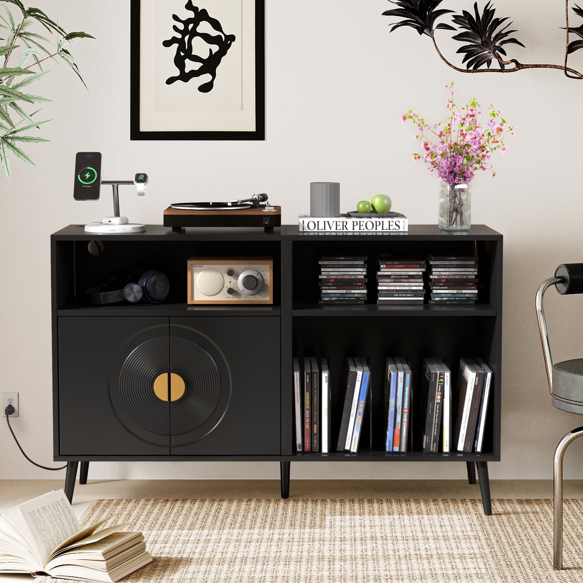 Furtivusia Vinyl Record Player Stand with Vinyl Storage, Mid-Century Modern Turntable Stand with Charging Station, Record Storage Cabinet for Living Room, Study, Bedroom, Black