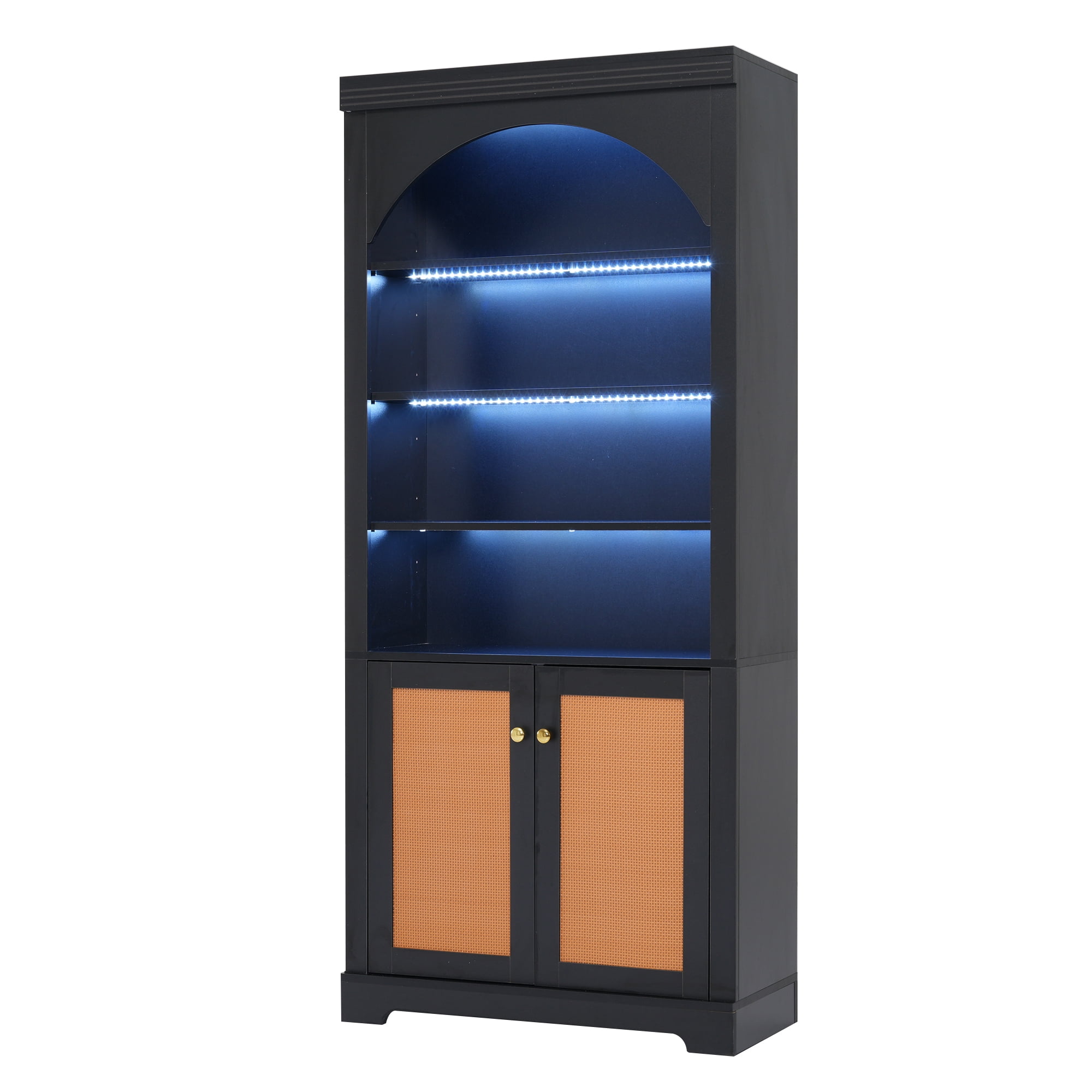 Garitin Bookshelf and Tall Display Bookcase 70.8 Inch, Storage Cabinet with LED Lights and Rattan Doors for Living Room Office, Black