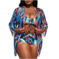 thumbnail image 2 of Honeeladyy Womens Plus Size 3 Piece Printed Drawstring Ruched Shorts Bikini Swimsuit with Cover Up Kimono Blue XXXL, 2 of 9