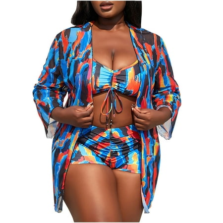 Elainilye Fashion Beach Wear for Women Printed Swimwear Three Piece Multicolor Cover Up Mesh Bikini Swimsuit Set Blue