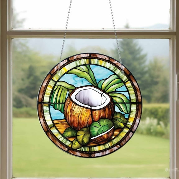 Acrylic Window Hanging, Tropical Coconut Design in 2D Stained Glass Style, Perfect Home Decor, Gift for Beach Lovers