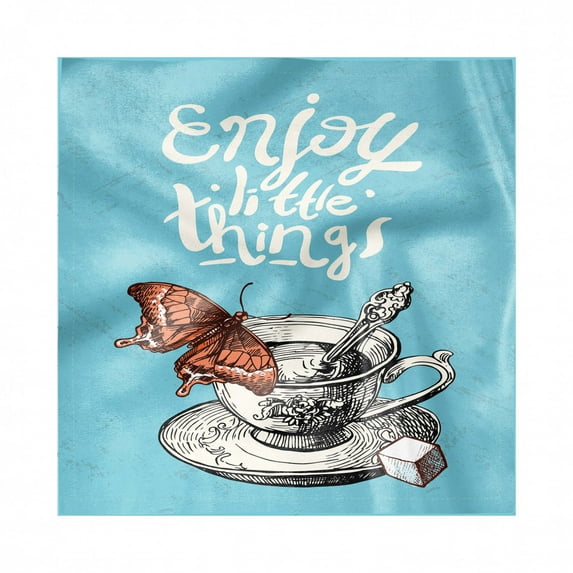 Enjoy the Little Things Decorative Napkins Set of 4, Sketch Antique Tea Cup with Butterfly Uplifting Words, Silky Satin Fabric for Brunch Dinner Party, 12", Burnt Sienna Blue Black, by Ambesonne