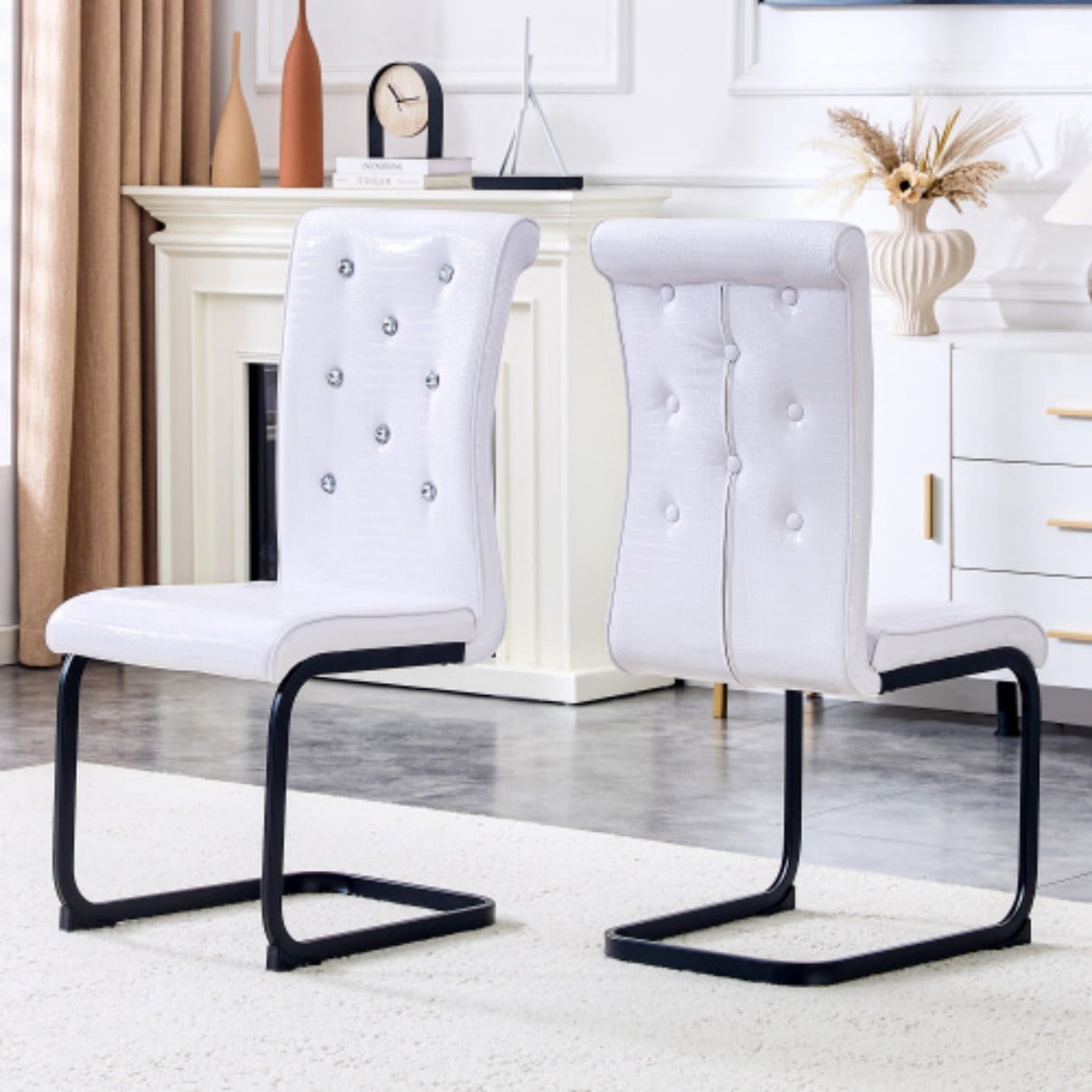 Set of 2 Retro Dining Chairs, Faux Alligator Leather Upholstered Chairs with Crystal Button Details & Metal Bow Legs, 400 LBS, White & Black