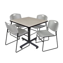 Kobe 42in. Square Breakroom Table- Maple & 4 Zeng Stack Chairs- Grey