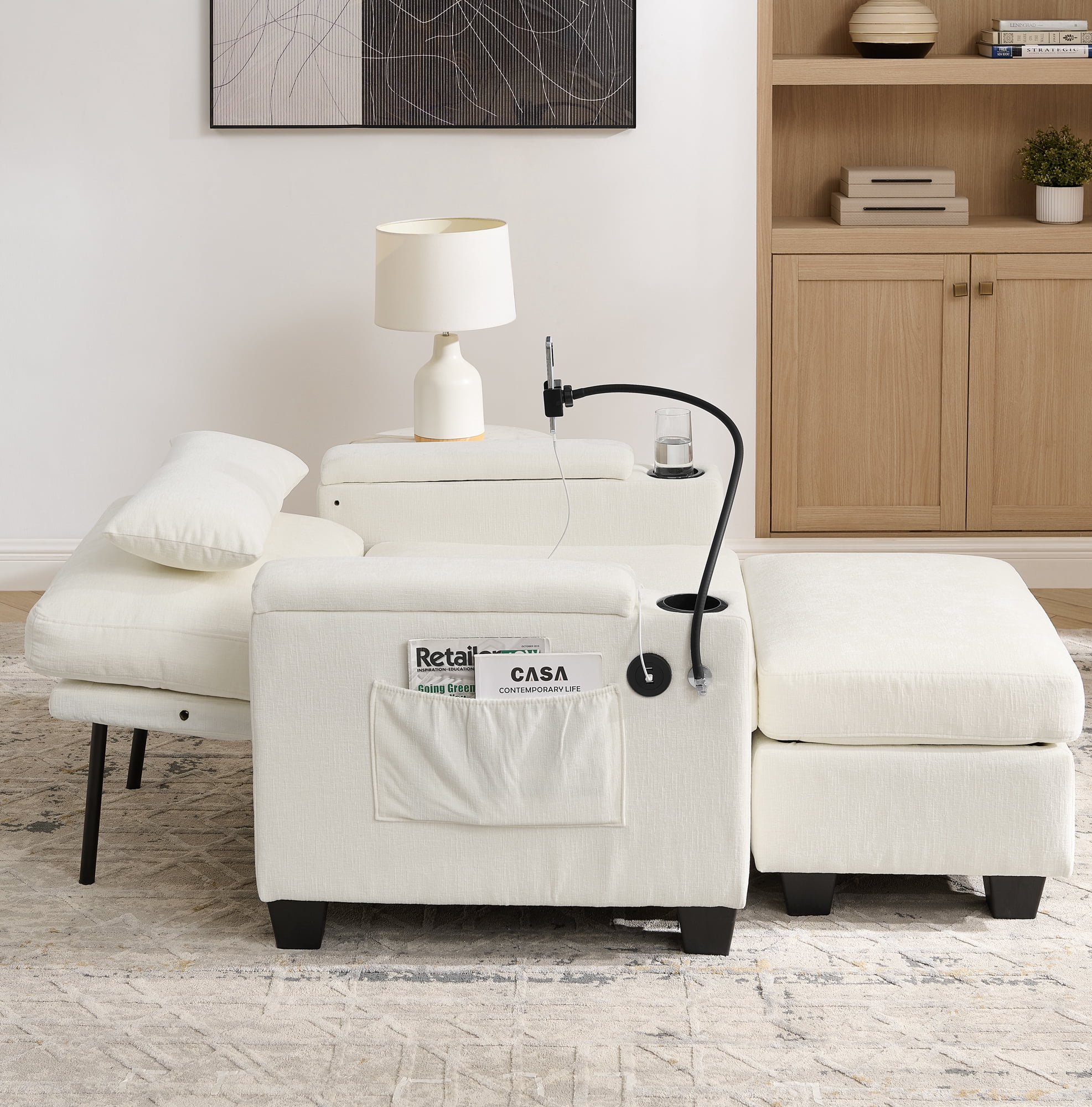 Recliner Chair with Adjustable Backrest, Cup Holders, USB Charging Port, Phone Stand, Arm Storage and Storage Ottoman