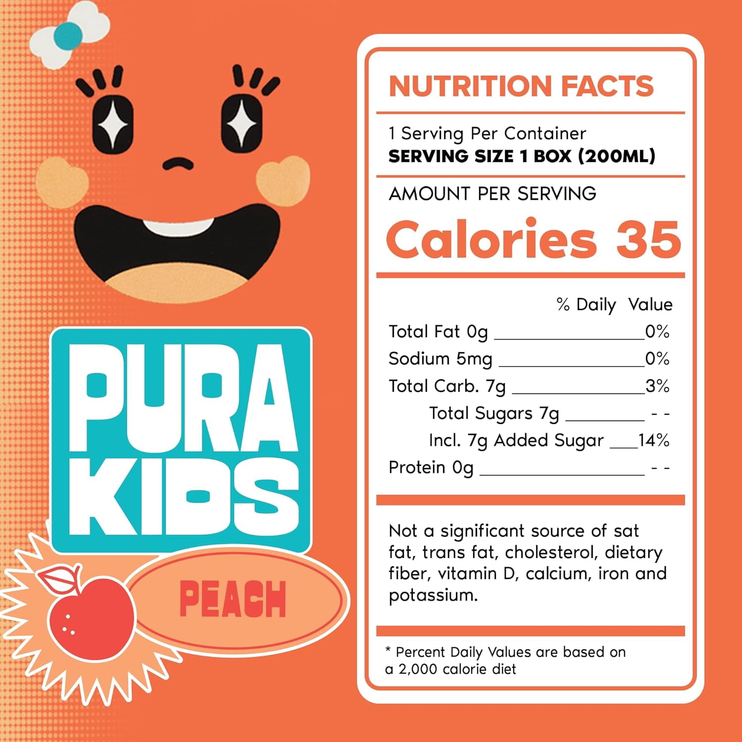PURA Kids Box | Peach Fruit extract infused Drink for kids | 7g Pure Cane Sugar | Non-GMO | Vegan, No Artificial Sweeteners | Best Lunchbox Beverage with Paper Straw | 6.67 fl oz (200ml) Pack of 24