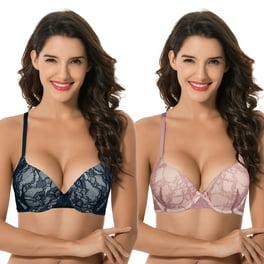 Curve Muse Women's Underwire Plus Size Push Up Add 1 and a Half Cup Lace  Bras-2PK-White/Red,Black/Grey-38C