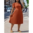 thumbnail image 3 of Plus Size Women's Solid Color Short Puff Sleeve Pleated Hem Dress Coffee Brown Casual Dress, 3 of 13