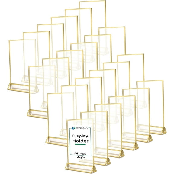 24-Pack 5x7 Standard Double-Sided Acrylic Wedding Table Numbers Picture Frames, Clear Sign Holders with 3mm Gold Border & Vertical Stand