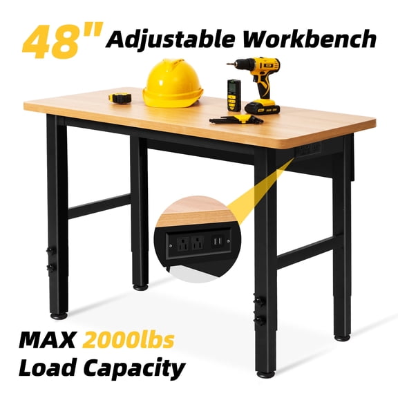 spanspace 48" Adjustable Workbench, 48" L X 24" Hardwood Top Worktable with Power Outlet & Foot Pads for Workshop, Office, Garage, Home