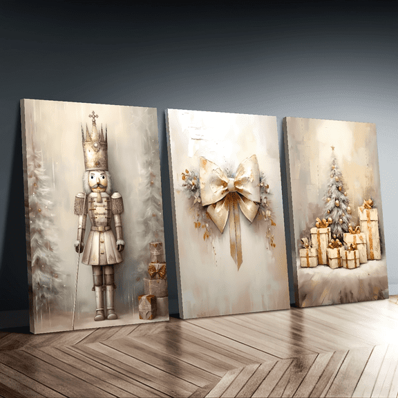 2D Flat, 3pcs 2D Canvas Frameless Poster Print, Vintage Christmas Tree Wall Art with Nutcracker Design and Retro Bow Tie for Home Decor, Festive Decoration, Holiday Decor, Classic Holiday Print, Dur