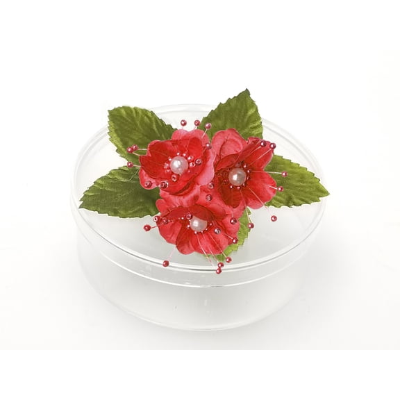 3 Clear Round Cookie Nut Candy Boxes w/ Pearl Satin Organza Flower - Red • Container material is Plastic • Clear round cookie nut candy boxes are 4.5" diameter 1.5 inches deep