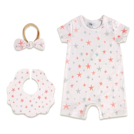 

Baby Girls Rompers Set (3-Pcs) - Bodysuit Bibs & Headhand - Newborn Essentials