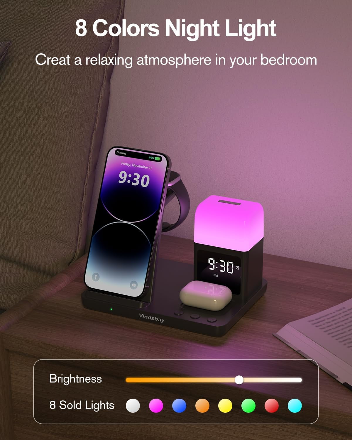 Wireless Charging Station Alarm Clock with 8 Touch Night Lights: 5 in 1 Charger Stand for Apple Devices - Charging Dock for iPhone 17 16 15 14 13 12 Pro Max Plus/Apple Watch/AirPods, Dimmable