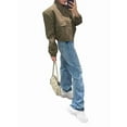 thumbnail image 3 of Women'S Button Down Bombers Jacket Drop Shoulder Short Cropped Coat Outwear Army Green M, 3 of 8
