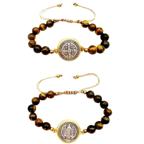2Pcs San Benito Bracelet Tigher Eye Bracelet Saint Benedict Medal Catholic San Benito Medalla