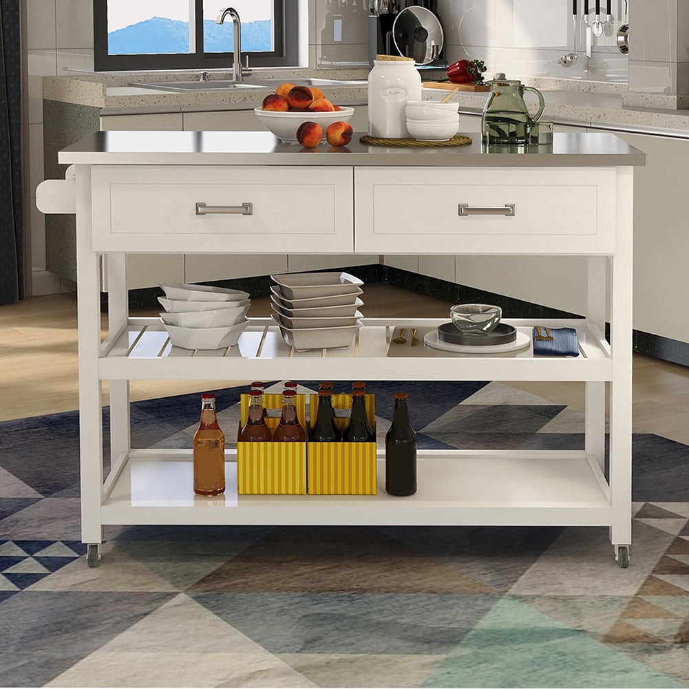 Kitchen Island Cart with Stainless Steel Top,47.25" Width Mobile Carts with 2 Drawers,2 Opening Shelves,Rolling Kitchen Table,Portable Islands on Wheels
