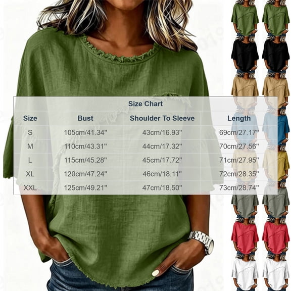Lenpel Cotton Linen Shirts for Women Crew Neck Half Sleeve Boho Tops Casual Vintage Frayed Blouses Beach Vacation Clothes