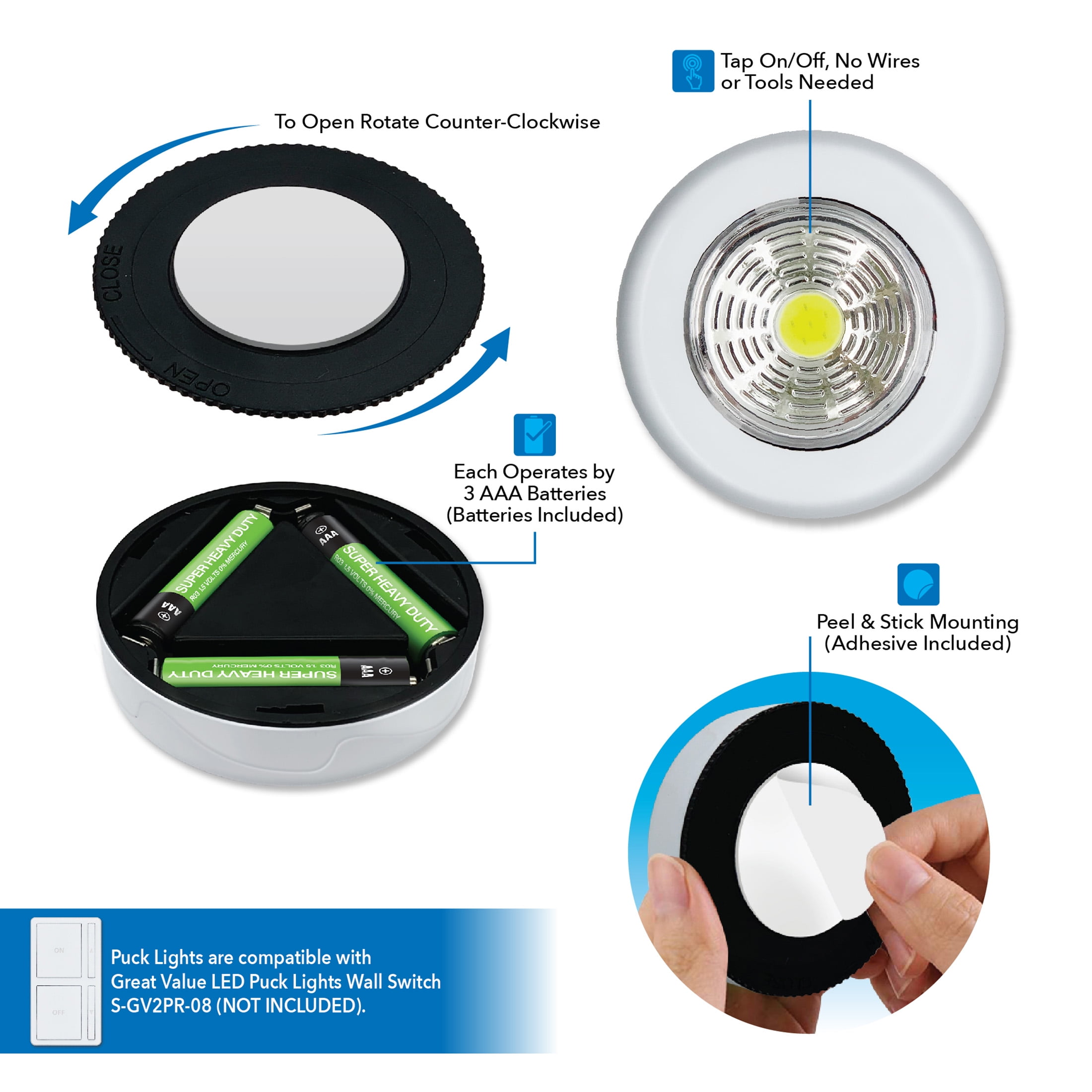 Great Value 100 Lumens Wireless LED Puck Lights - 5 Pack