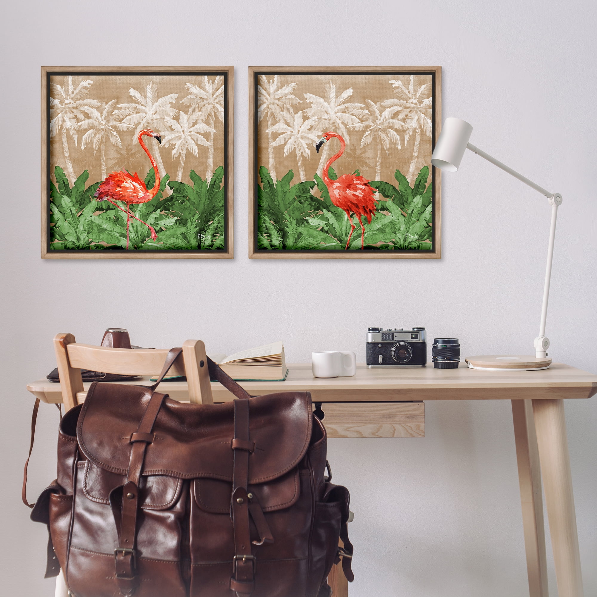 Stupell Industries Flamingoes in the Jungle Animals Painting Brown Floater Framed Canvas Art Print Wall Art, 25 x 25, Set of 2