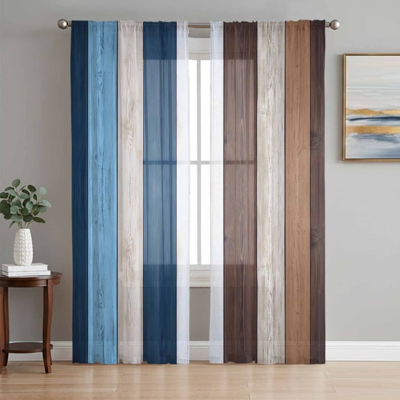 Blue Brown Farmhouse Semi Sheer Window Curtains 72 Inches Long, Vintage Retro Wooden Rod Pocket Voile Silky Chiffon Curtain Light Filtering Drapes for Living Room, Kitchen, Bedroom, 52"x72", 2 Panels