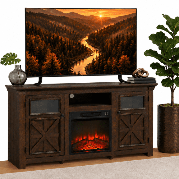 Seizeen Fireplace TV Stand for 65’’ TV, Wooden TV Stand with Fireplace 23’’, Multifunctional TV Console Entertainment Center for Living Room Bedroom, Multi-color 3D Flame Electric Fireplace Insert wi