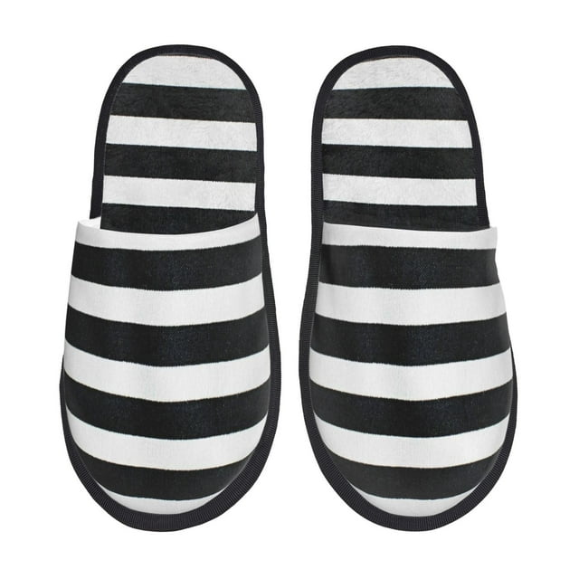 Fotbe Black And White Stripes Pantuflas Peludas para Mujer con Estampado, Zapatillas de Peluche, Zapatos de Invierno para Casa, Uso Interior y Exterior-Large